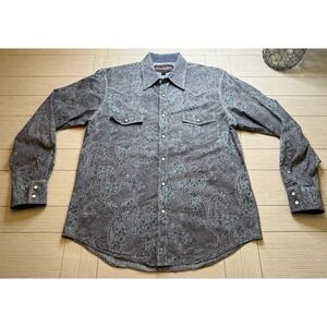 Rock & Roll Cowboy Denim Paisley‎ Western Mens Sz L Pearl Snap Shirt Cotton USA